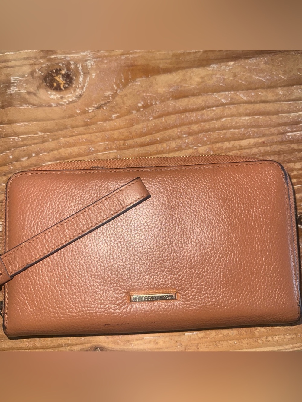 Rebecca Minkoff Cell Phone Wallet Pebbled Leather Wristlet Clutch Gold Ziparound